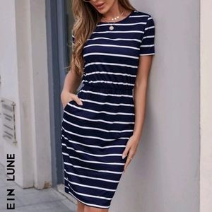 Striped Pocket Fitted Dress Navy/white